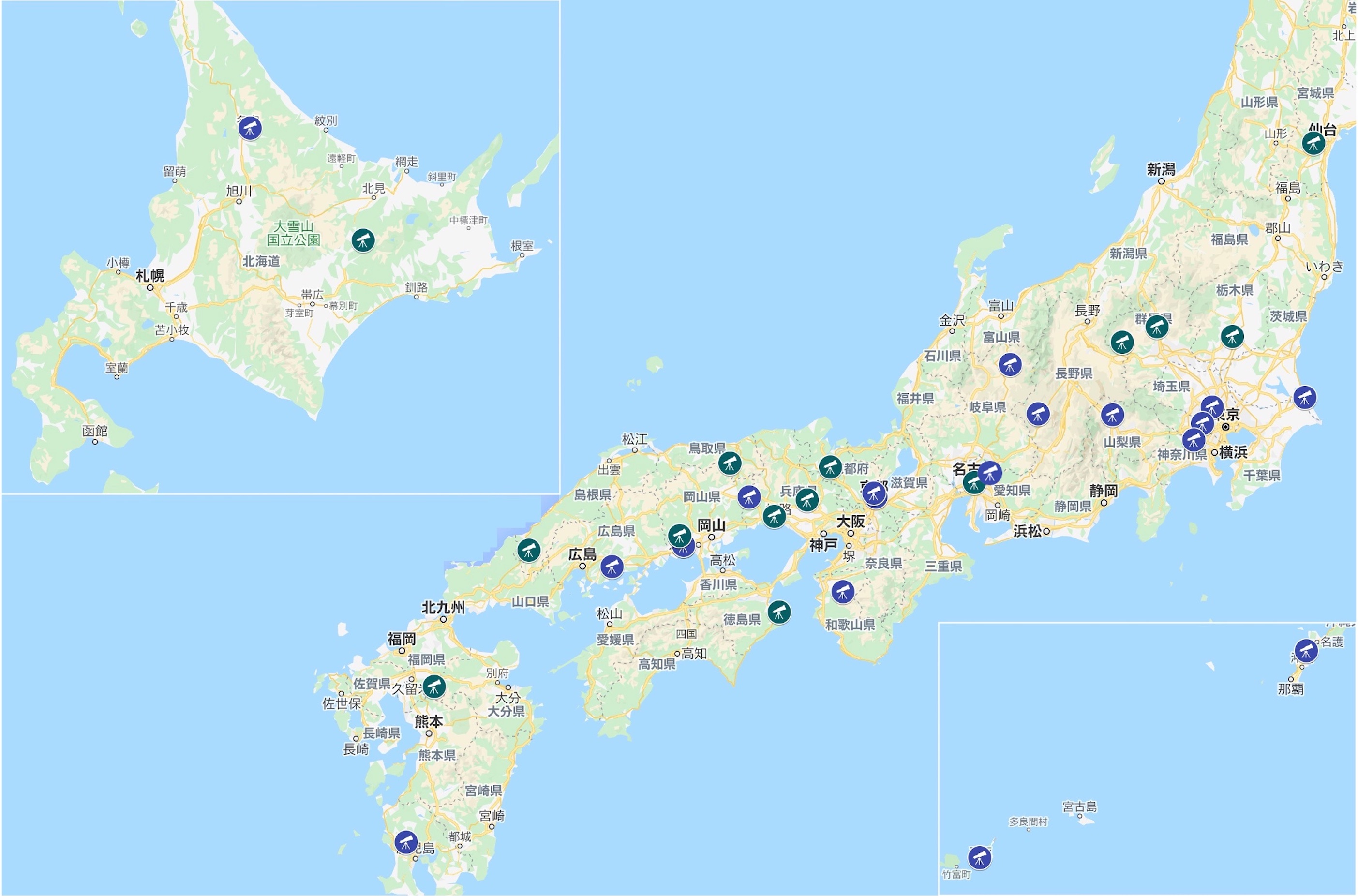 日本の光学赤外線望遠鏡の地図