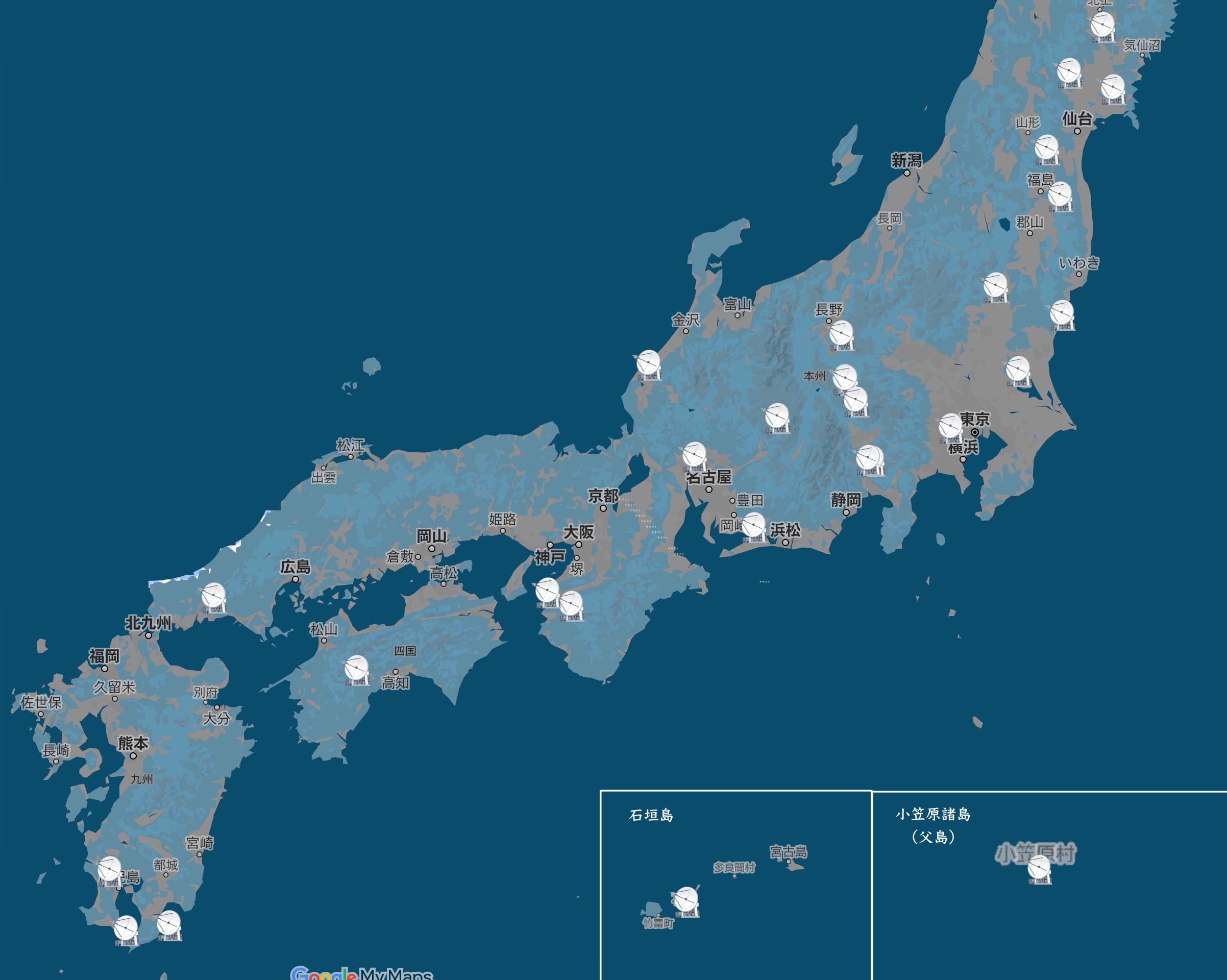 日本の電波天文業務観測施設のマップ